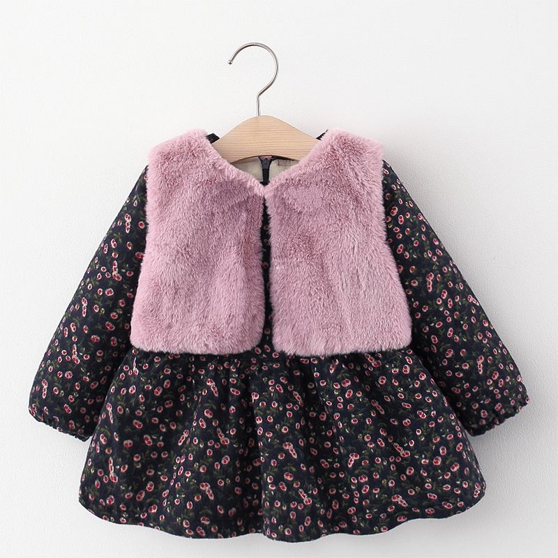 2pcs Baby Floral Print Fleece Lined Long-sleeve Dress and Faux Fur Vest Set Black