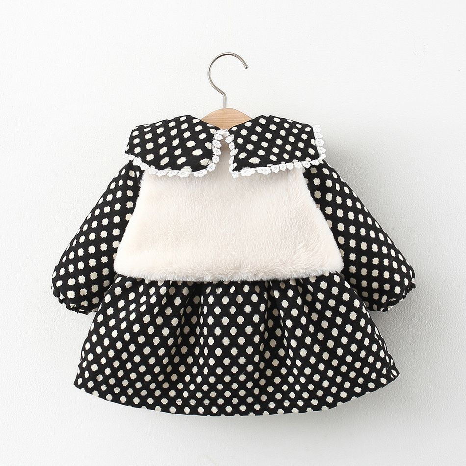 2-piece Baby Girl Polka dots Lace Trim Long-sleeve Dress and Fuzzy White Vest Set Black big image 3