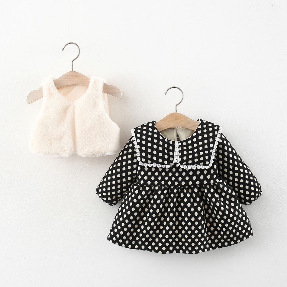 2-piece Baby Girl Polka dots Lace Trim Long-sleeve Dress and Fuzzy White Vest Set Black big image 2