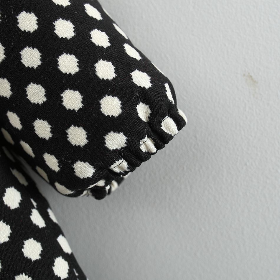 2-piece Baby Girl Polka dots Lace Trim Long-sleeve Dress and Fuzzy White Vest Set Black big image 5