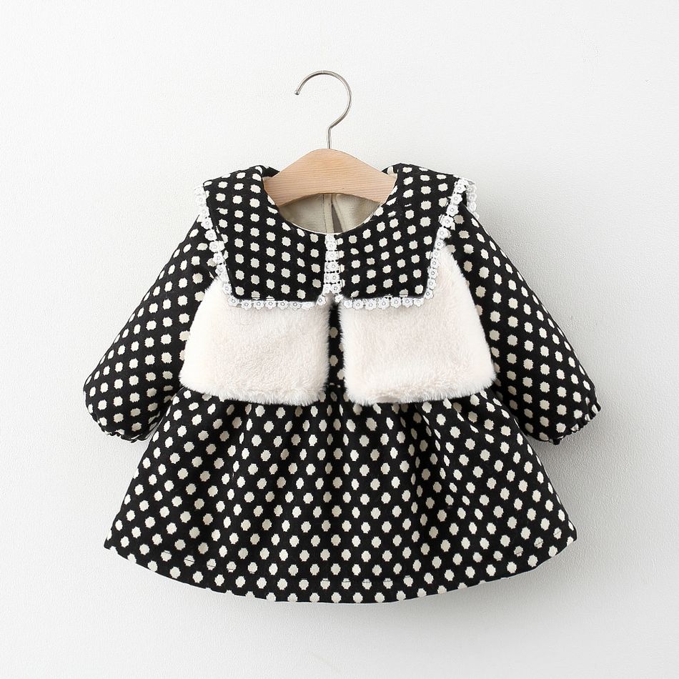 2-piece Baby Girl Polka dots Lace Trim Long-sleeve Dress and Fuzzy White Vest Set Black big image 1