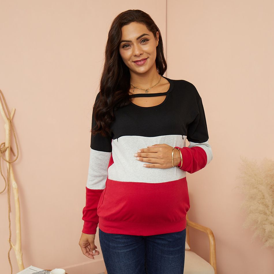 Maternity Round collar Color block Long-sleeve Nursing Tee Red