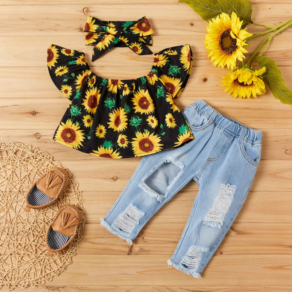 3pcs Sunflower Print Short-sleeve Baby Set Black big image 1