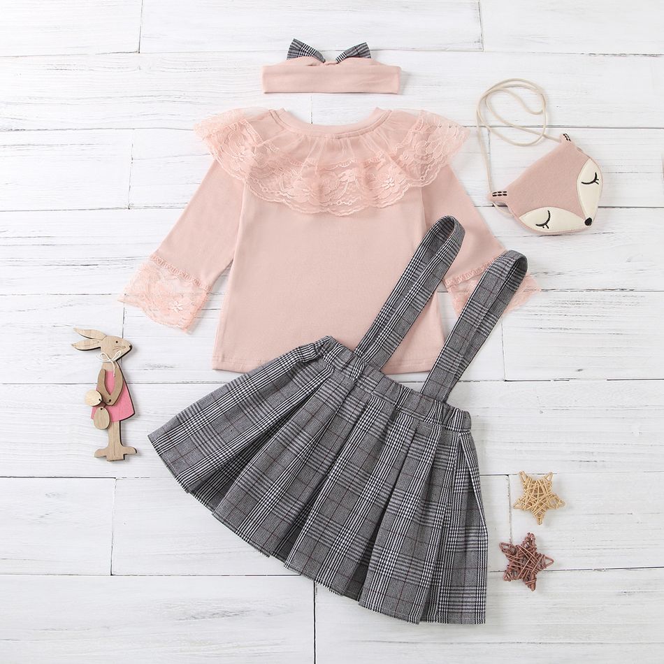 3-piece Baby / Toddler Lace Top and Bow Plaid Strap Skirt Set Pink big image 5