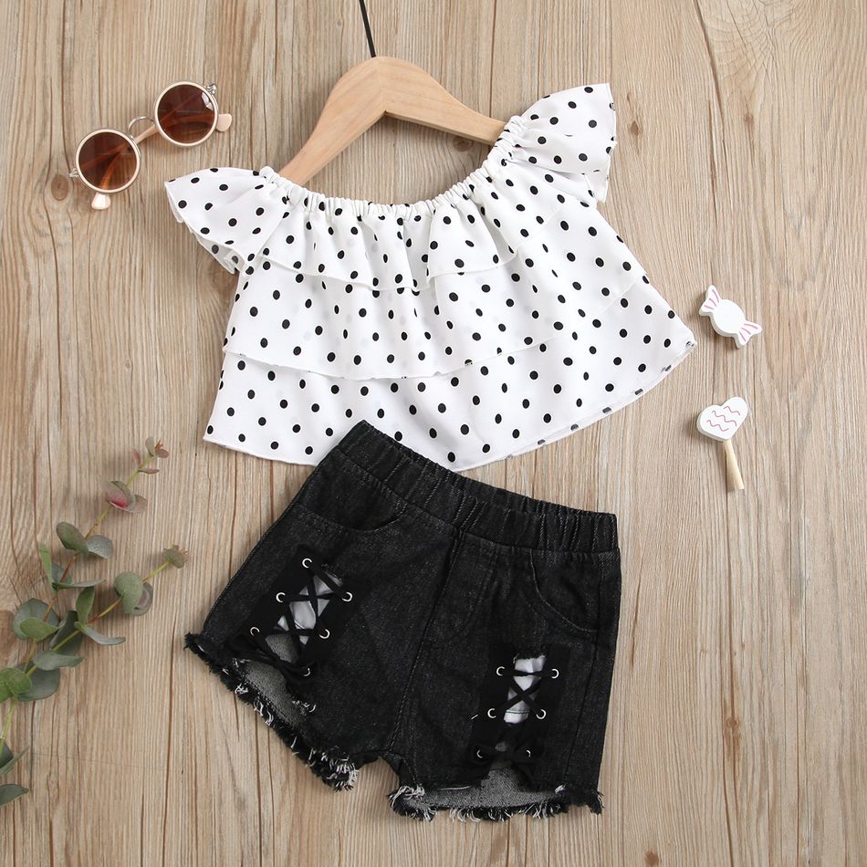 2pcs Polka Dots Print Flutter-sleeve Baby Set Black