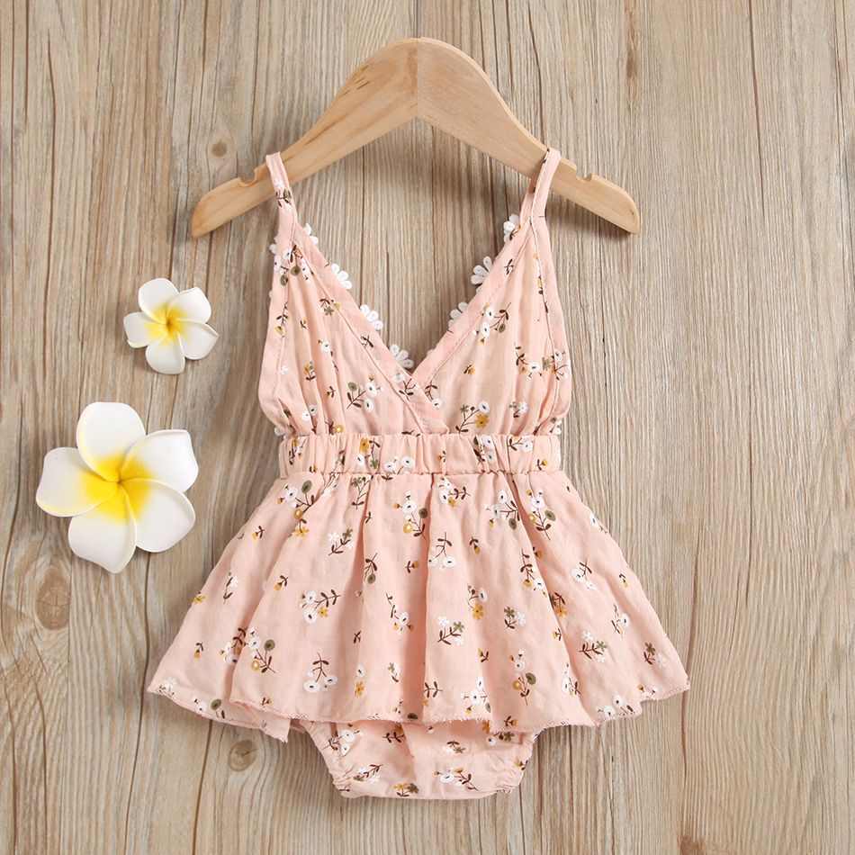 100% Cotton Floral Print Daisy Baby Sling Romper Dress Pink big image 3