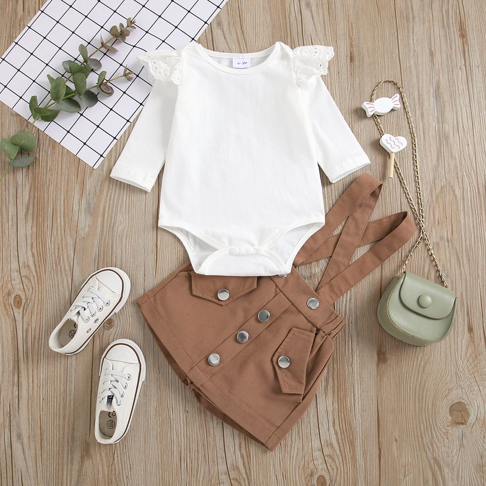 100% Cotton 2pcs Baby Girl Ruffle Long-sleeve Romper and Pink Suspender Skirt Set Khaki big image 3