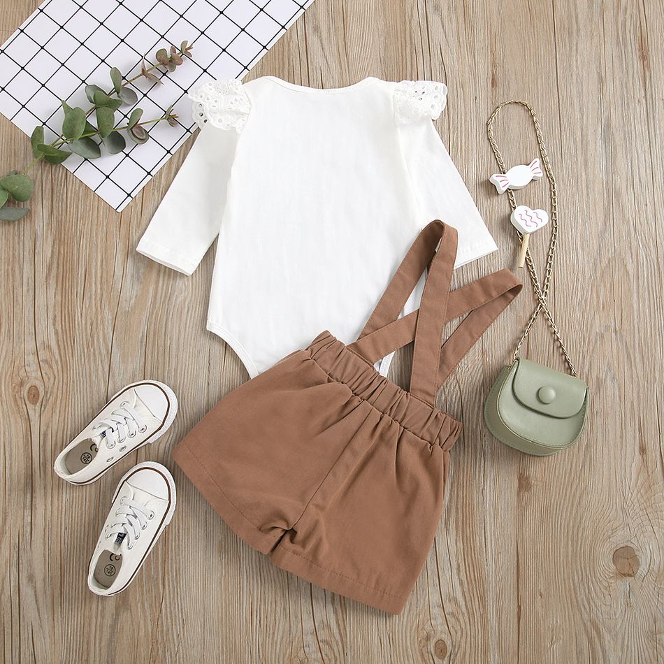 100% Cotton 2pcs Baby Girl Ruffle Long-sleeve Romper and Pink Suspender Skirt Set Khaki big image 4