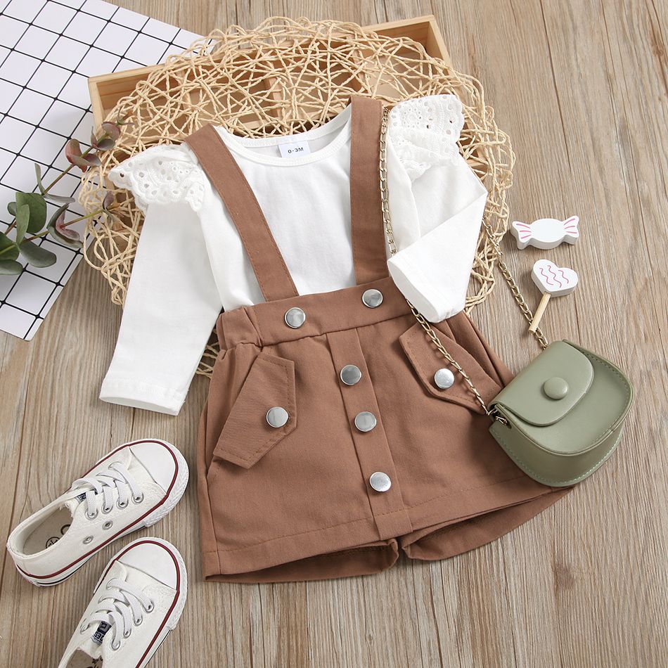 100% Cotton 2pcs Baby Girl Ruffle Long-sleeve Romper and Pink Suspender Skirt Set Khaki