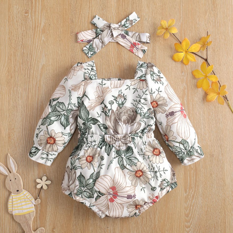 2pcs Baby Floral Print Square Neck Long-sleeve Romper Set Green