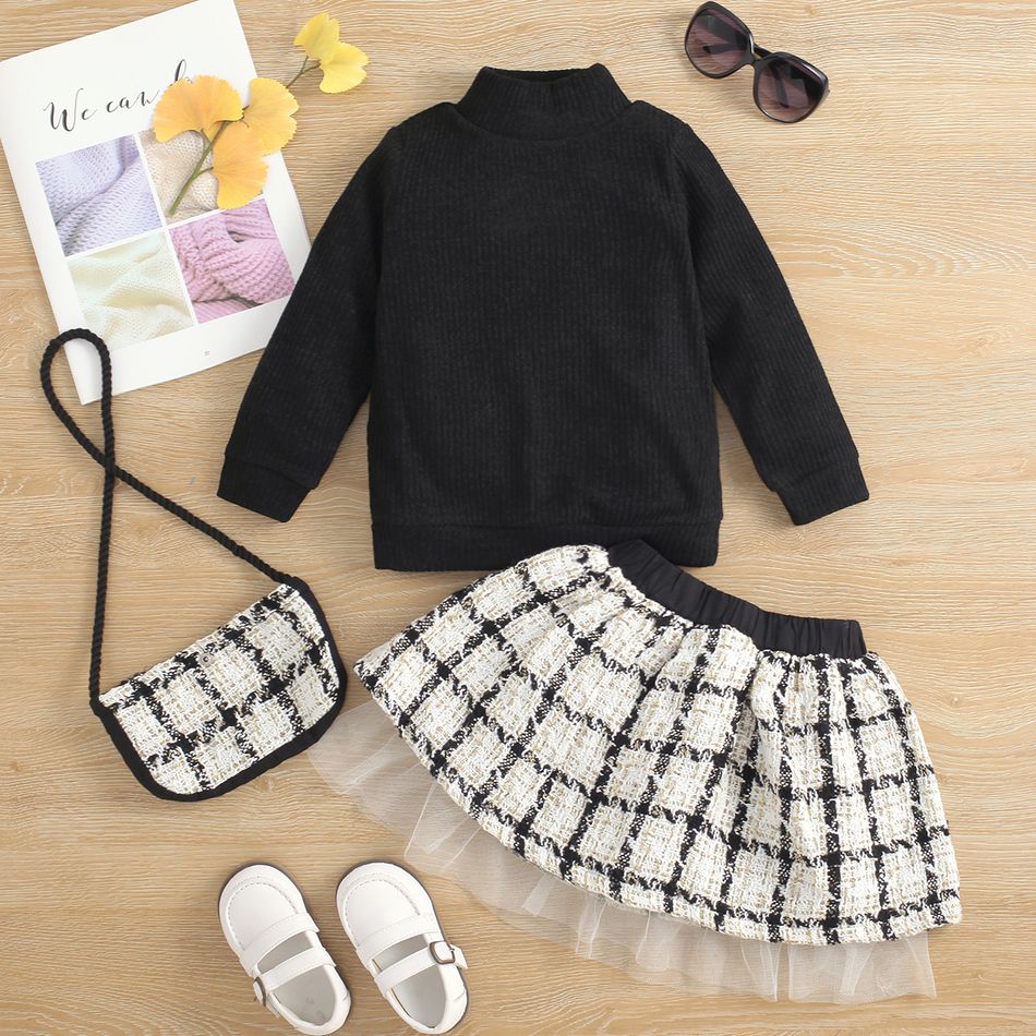 3-piece Toddler Girl Mock Neck Black Sweater and Plaid Mesh Design Tweed Skirt and Cross-body Bag Set Black