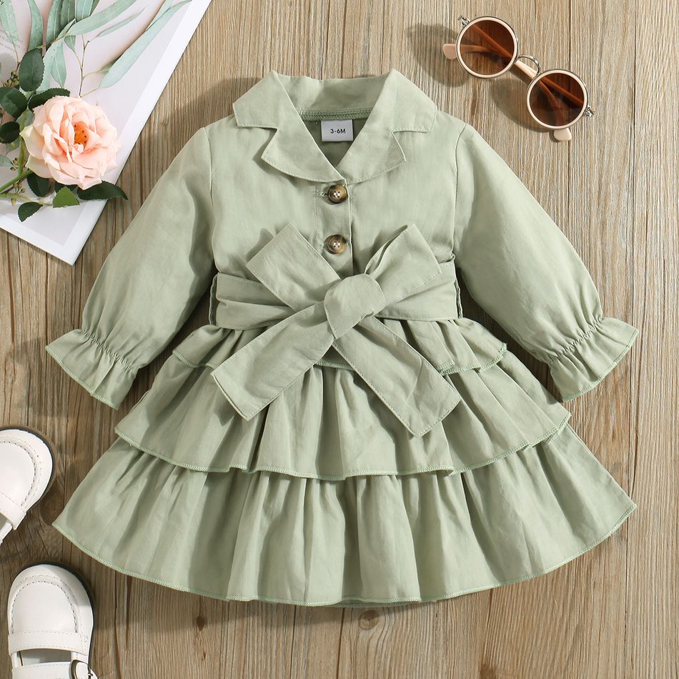 100% Cotton Baby Girl Green Lapel Single Breasted Long-sleeve Layered Ruffle Dress Green