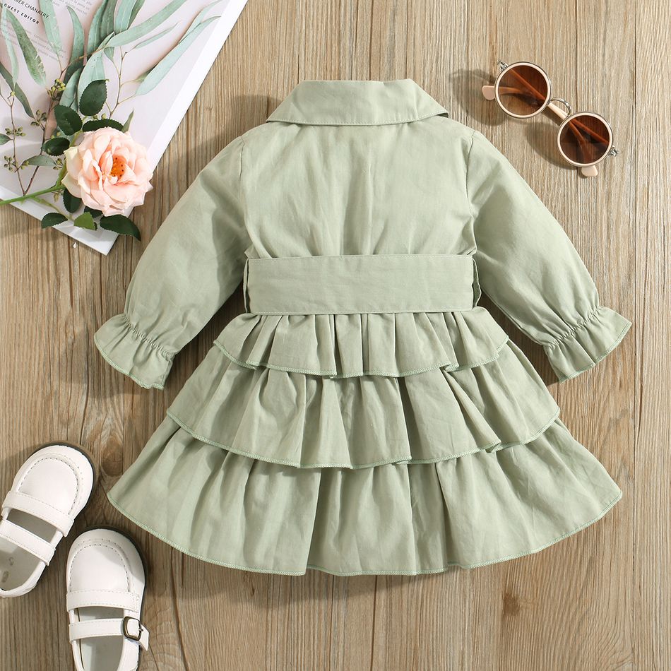 100% Cotton Baby Girl Green Lapel Single Breasted Long-sleeve Layered Ruffle Dress Green big image 3