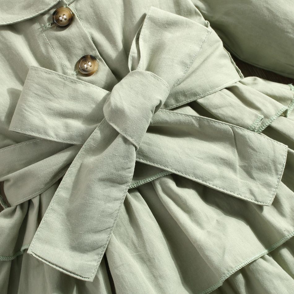 100% Cotton Baby Girl Green Lapel Single Breasted Long-sleeve Layered Ruffle Dress Green big image 5
