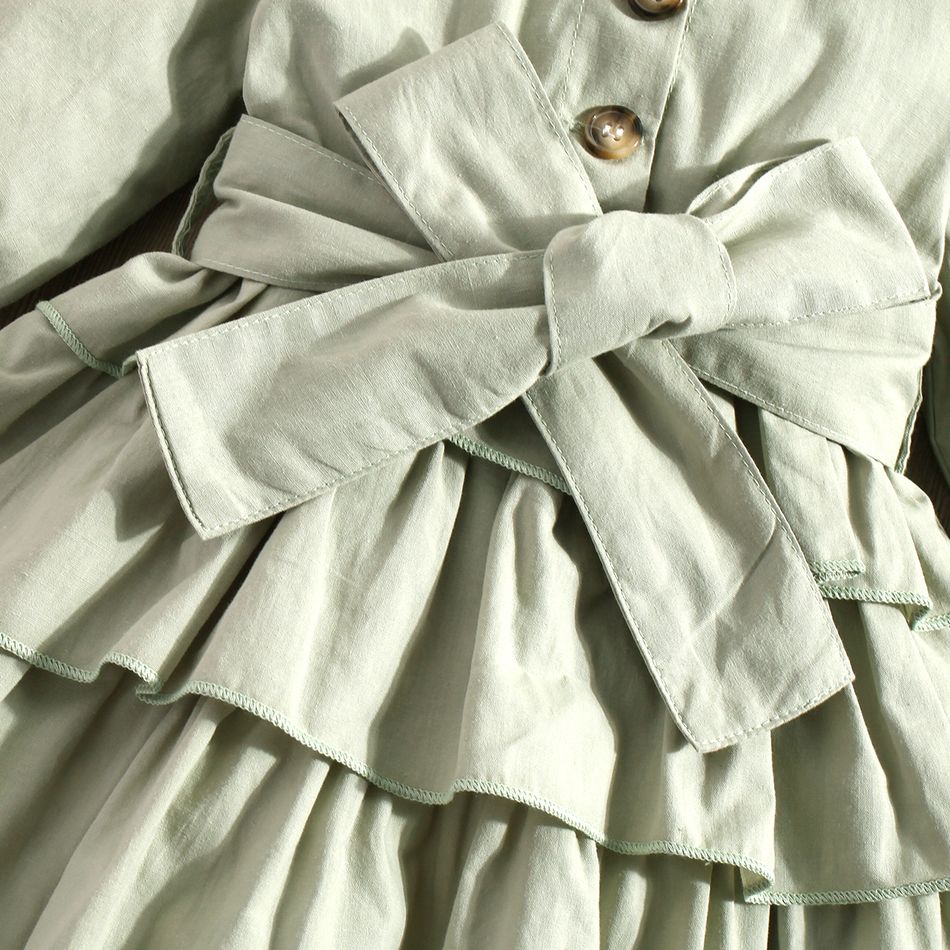 100% Cotton Baby Girl Green Lapel Single Breasted Long-sleeve Layered Ruffle Dress Green big image 6