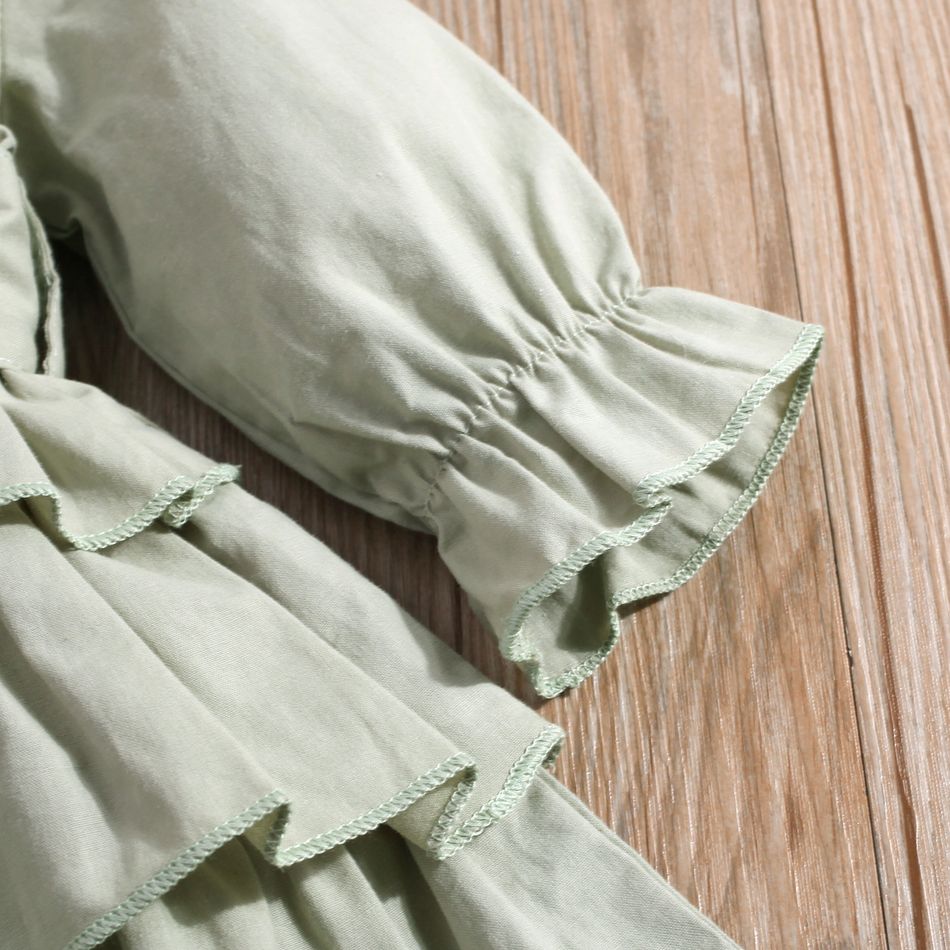 100% Cotton Baby Girl Green Lapel Single Breasted Long-sleeve Layered Ruffle Dress Green big image 7