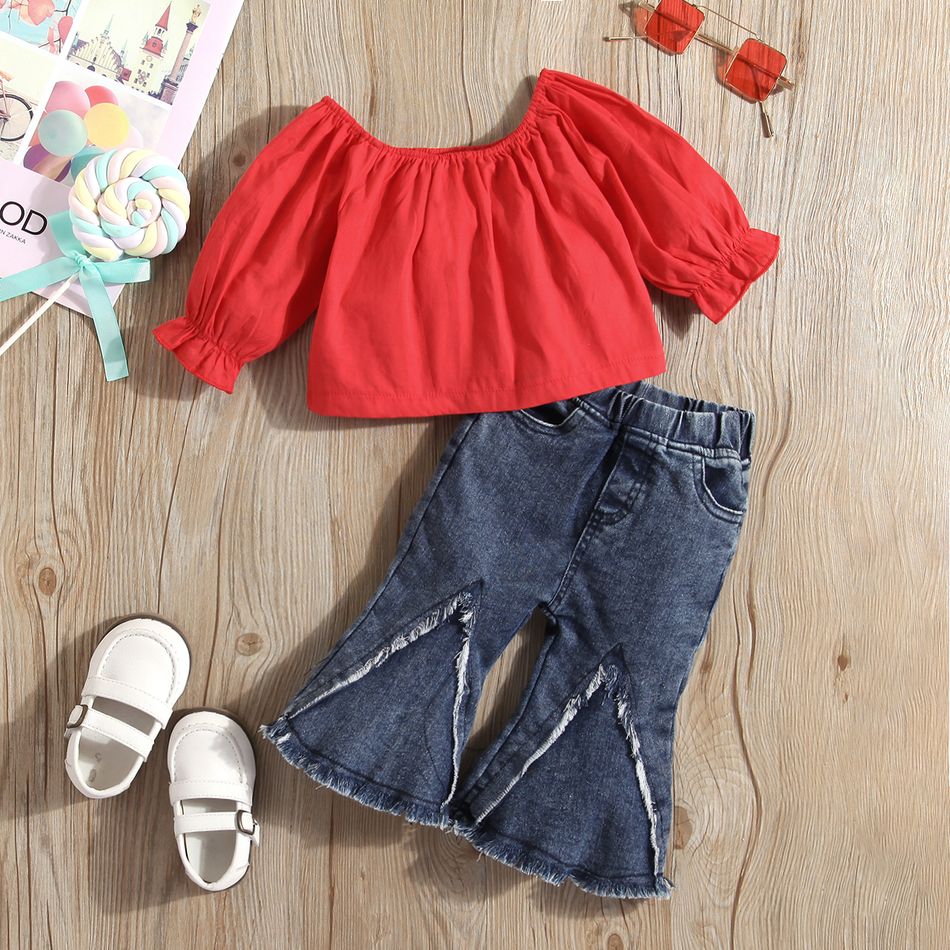 2pcs Baby Girl 100% Cotton Long-sleeve Top and Bell Bottom Jeans Set Red