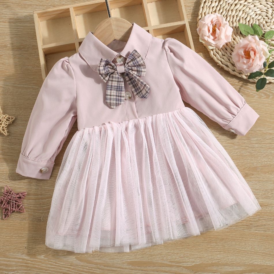 Baby Girl Pink Preppy Style Bowknot Lapel Button Long-sleeve Splicing Mesh Dress Pink