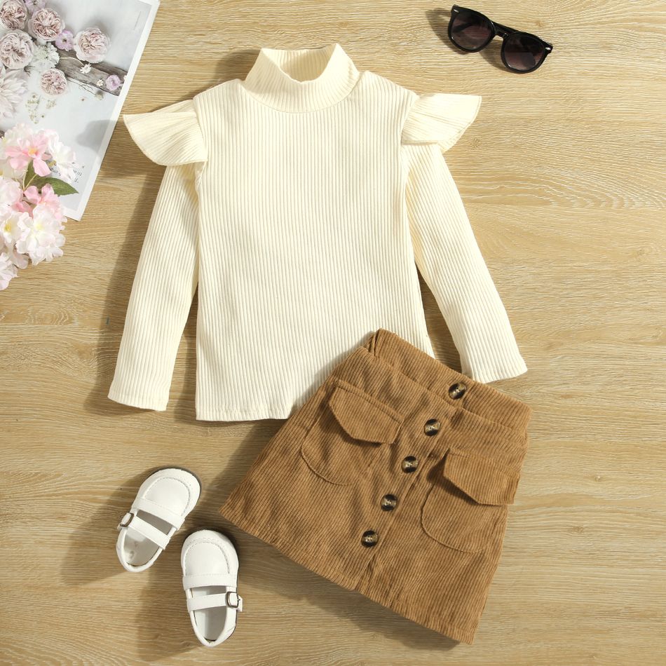 2-piece Toddler Girl Ruffled Mock Neck Long-sleeve Ribbed Top and Button Design Corduroy Brown Skirt Set Creamcolored big image 2