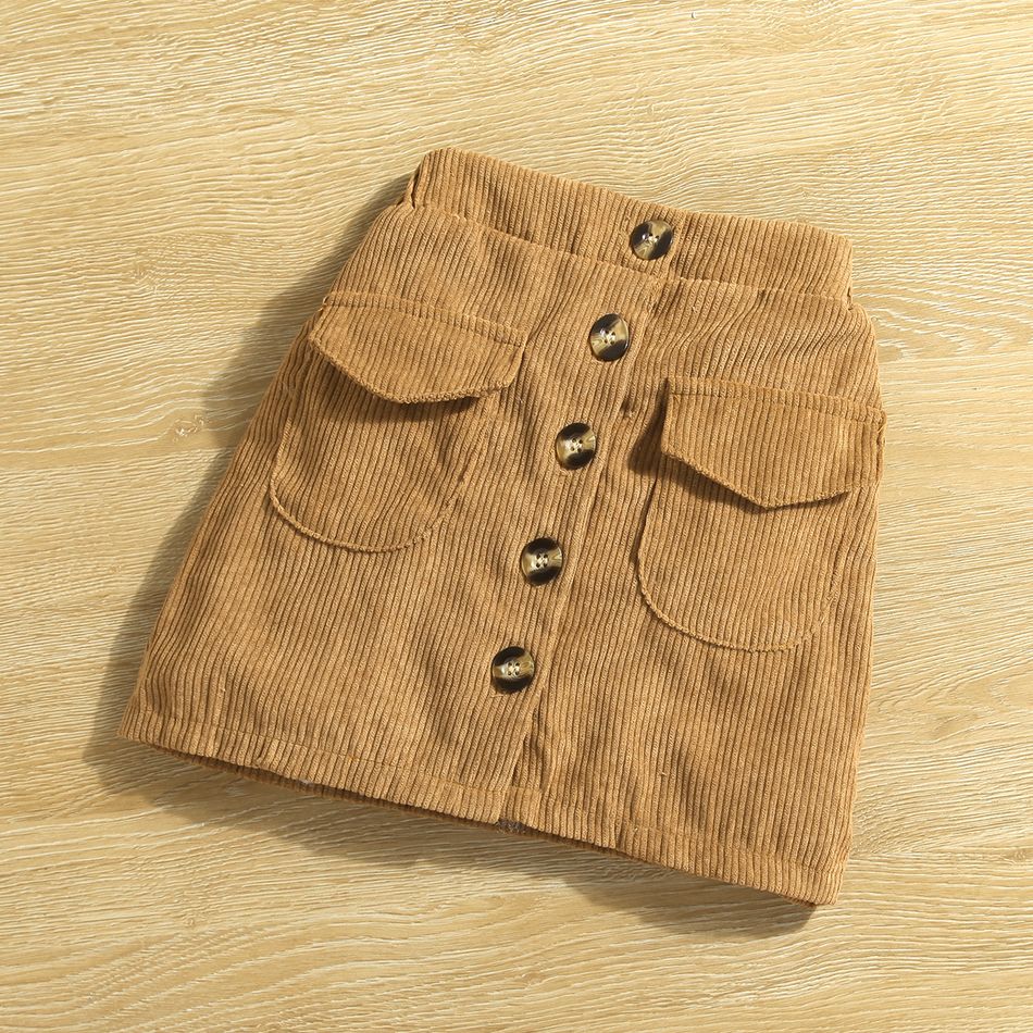 2-piece Toddler Girl Ruffled Mock Neck Long-sleeve Ribbed Top and Button Design Corduroy Brown Skirt Set Creamcolored big image 8