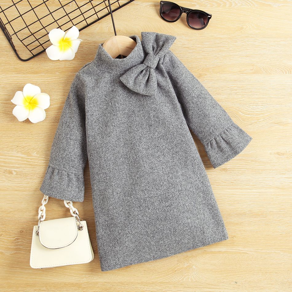 Toddler Girl Bowknot Design Mock Neck Long Bell sleeves Solid Dress Grey big image 2