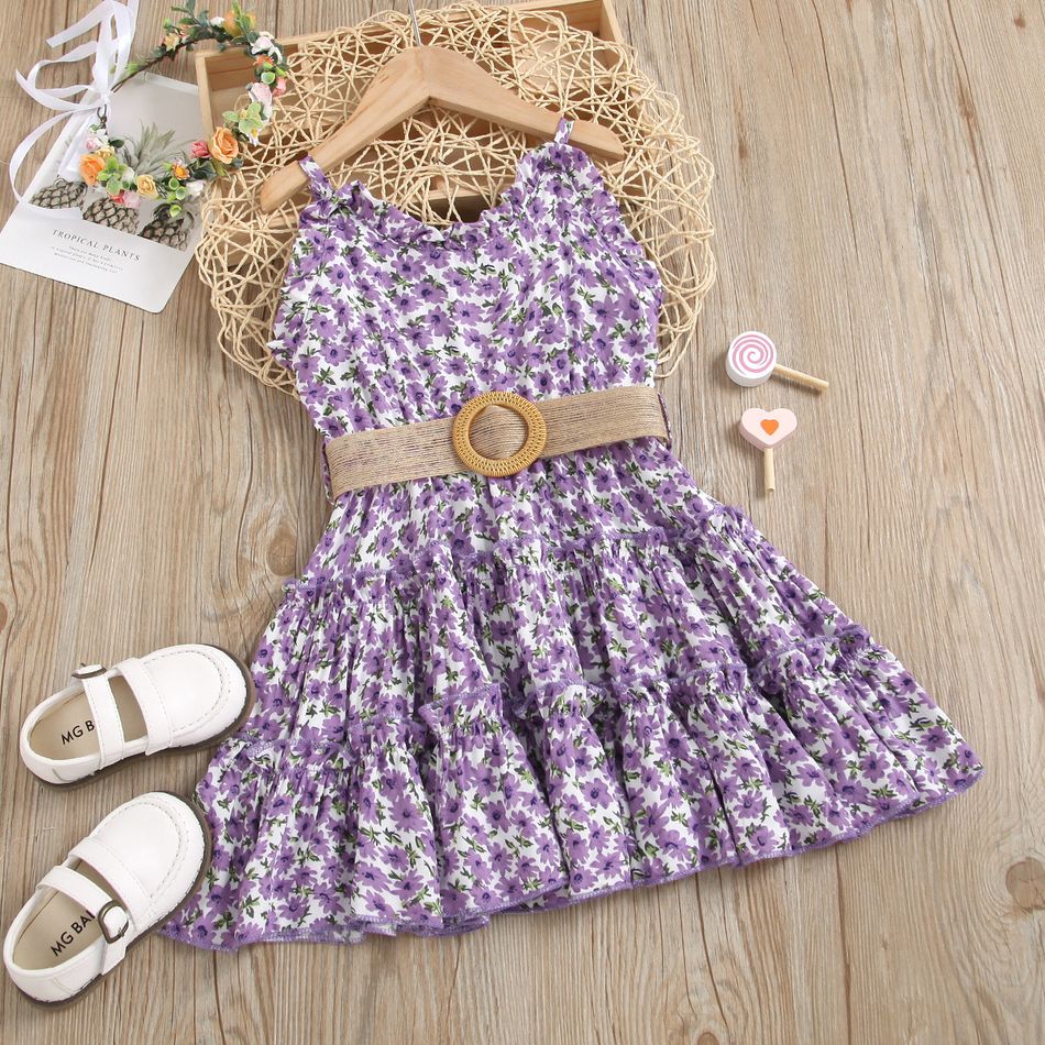 Toddler Girl Floral Print Ruffled Belted Purple Slip Dress Purple