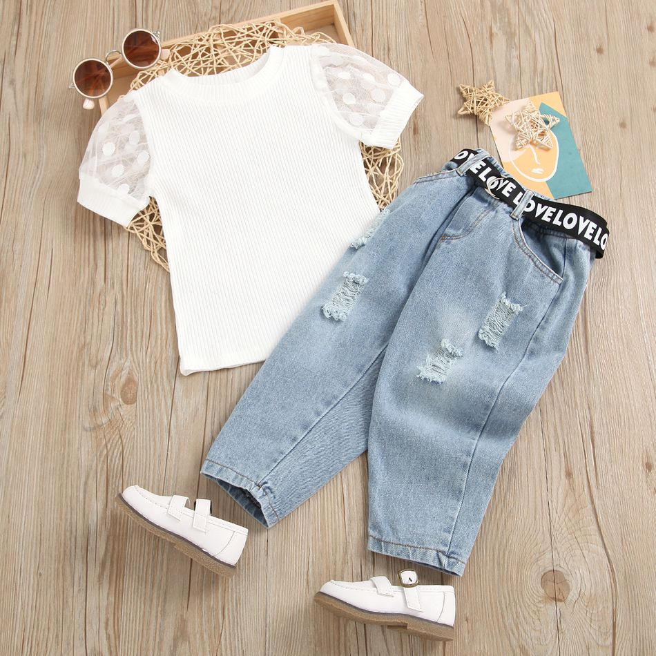 Denim Trends 2pcs Solid Ribbed Polka Dots Puff Short-sleeve Top and Ripped Jeans with Belt Toddler Set White