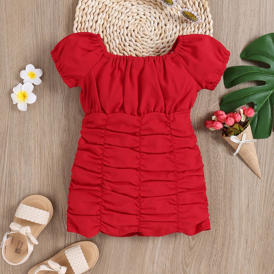 Baby Girl Red Puff-sleeve Ruched Bodycon Mini Dress Red big image 2