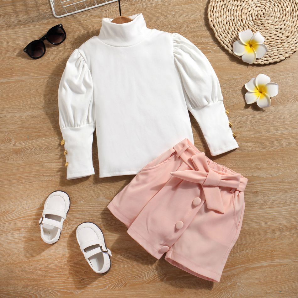 2pcs Toddler Girl Trendy Turtleneck Puff-sleeve Tee and Irregular Button Design Belted Shorts Set Pink big image 2