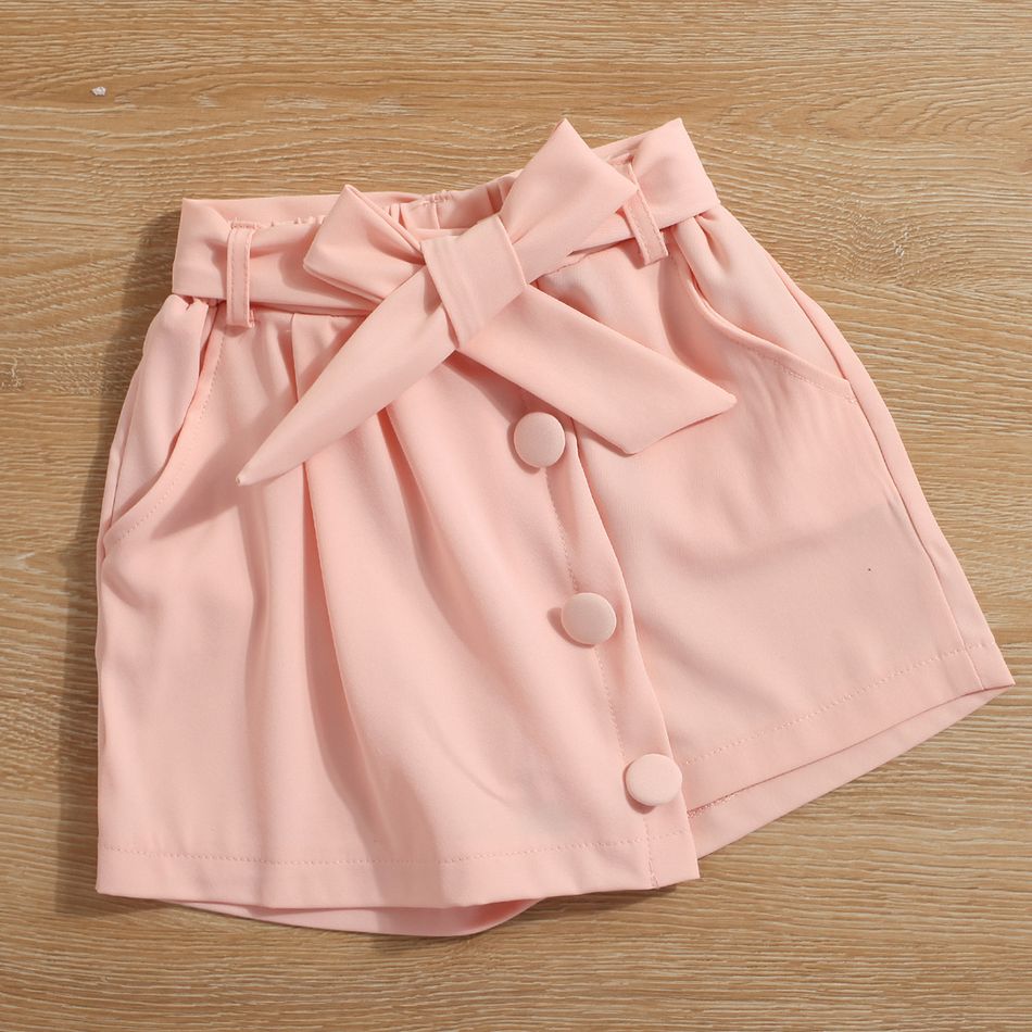 2pcs Toddler Girl Trendy Turtleneck Puff-sleeve Tee and Irregular Button Design Belted Shorts Set Pink big image 7