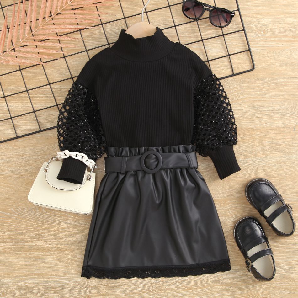 2pcs Toddler Girl Trendy Mock Neck Hollow out Design Sleeve Tee and Lace Hem PU Skirt Set Black big image 3
