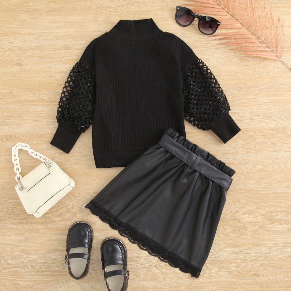 2pcs Toddler Girl Trendy Mock Neck Hollow out Design Sleeve Tee and Lace Hem PU Skirt Set Black big image 2