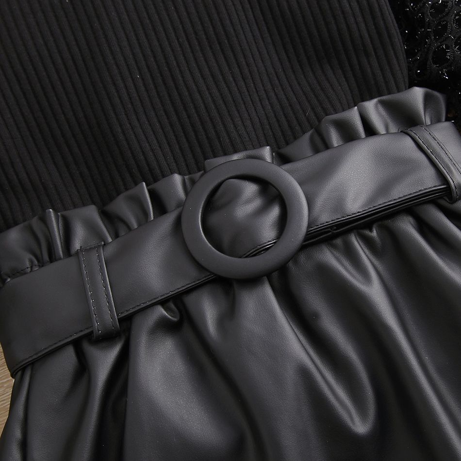 2pcs Toddler Girl Trendy Mock Neck Hollow out Design Sleeve Tee and Lace Hem PU Skirt Set Black big image 5