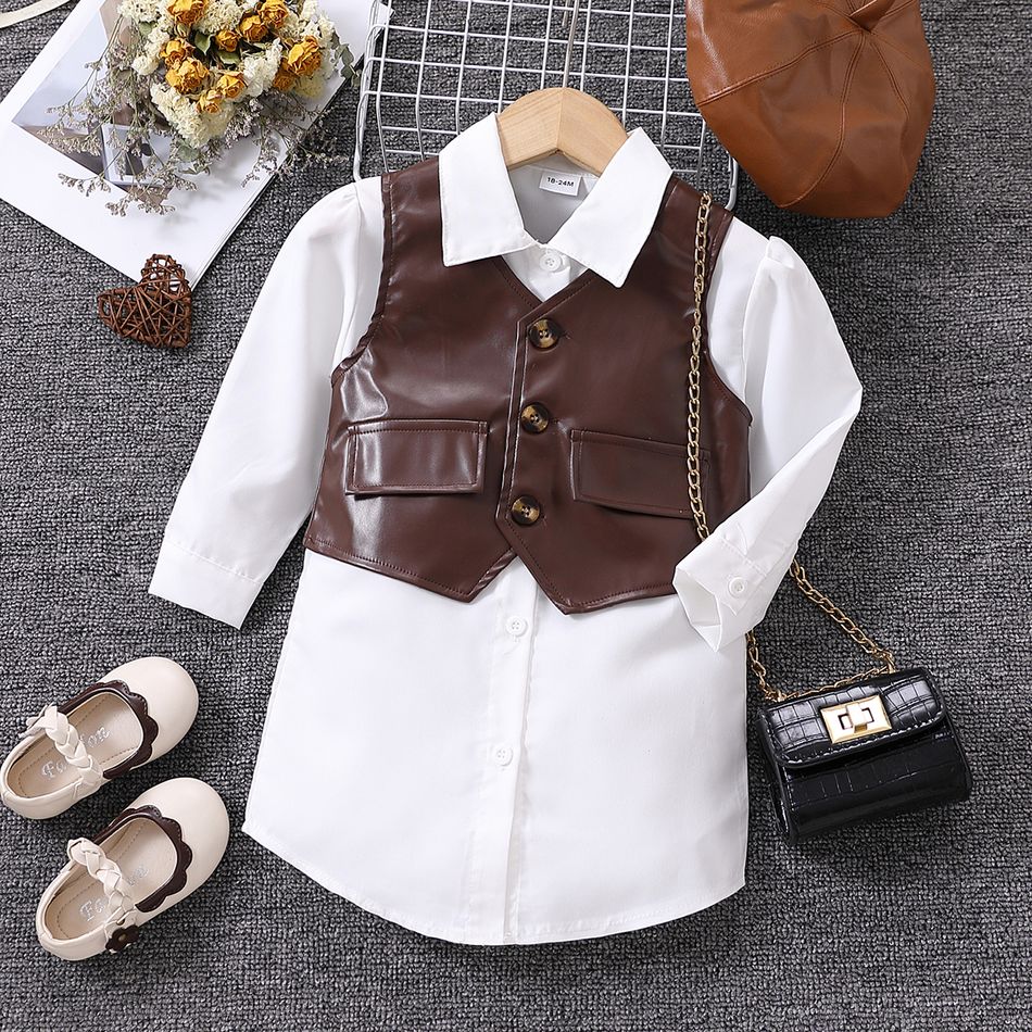 2pcs Toddler Girl Trendy Lapel Collar White Shirt Dress and PU Vest Set Brown big image 1