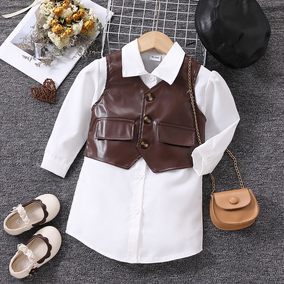 2pcs Toddler Girl Trendy Lapel Collar White Shirt Dress and PU Vest Set Brown big image 2