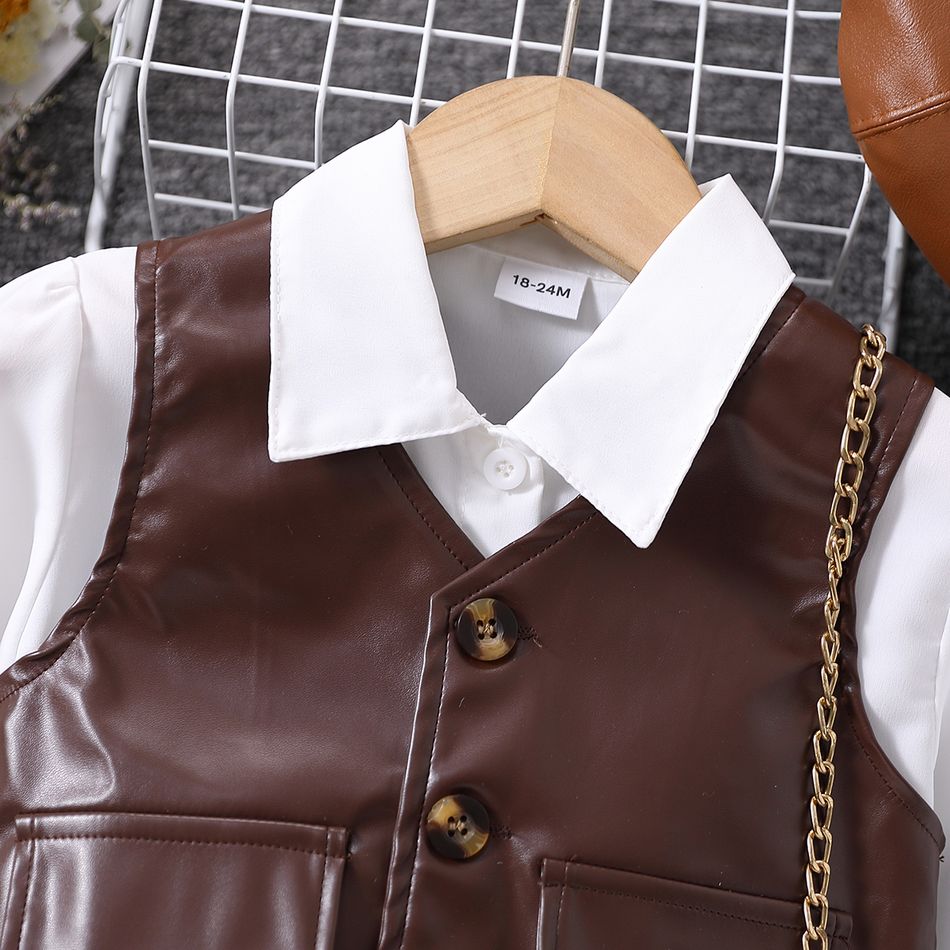 2pcs Toddler Girl Trendy Lapel Collar White Shirt Dress and PU Vest Set Brown big image 4
