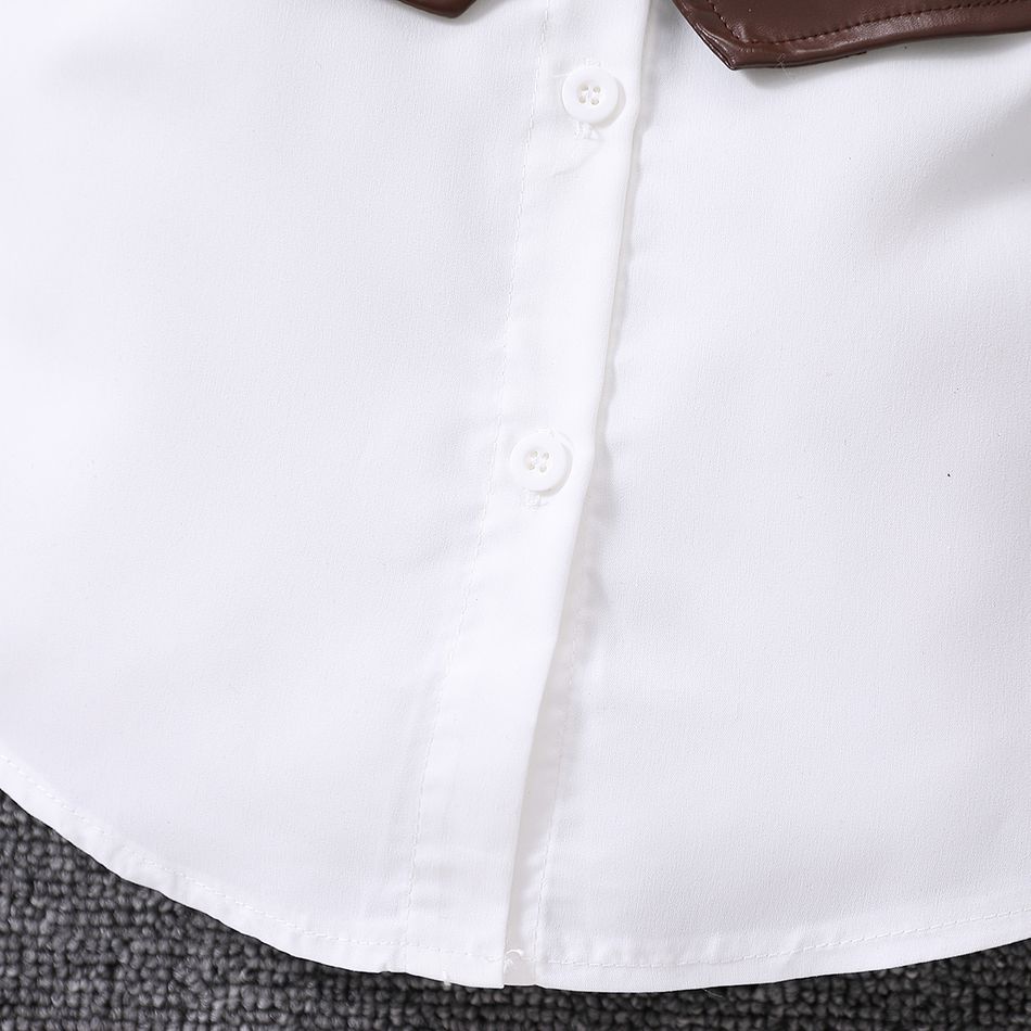2pcs Toddler Girl Trendy Lapel Collar White Shirt Dress and PU Vest Set Brown big image 7