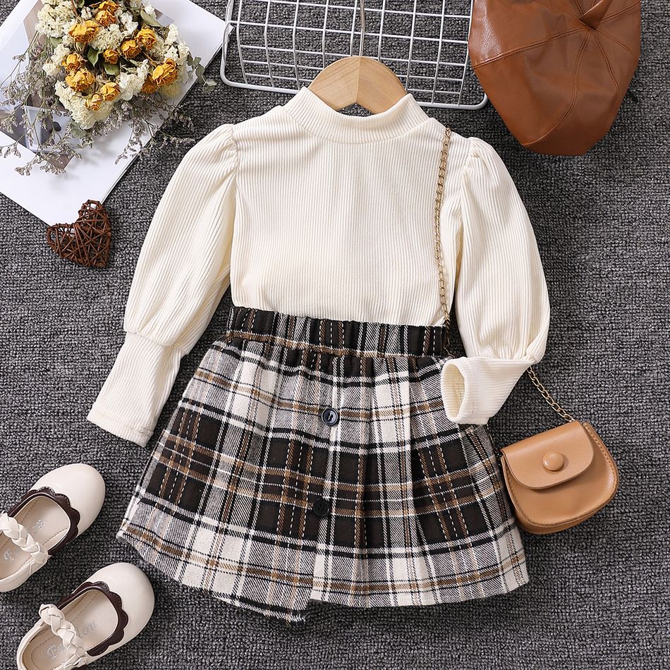 2pcs Toddler Girl Trendy Long Puff-sleeve Mock Neck Tee and Plaid Irregular Skirt Set Beige big image 1