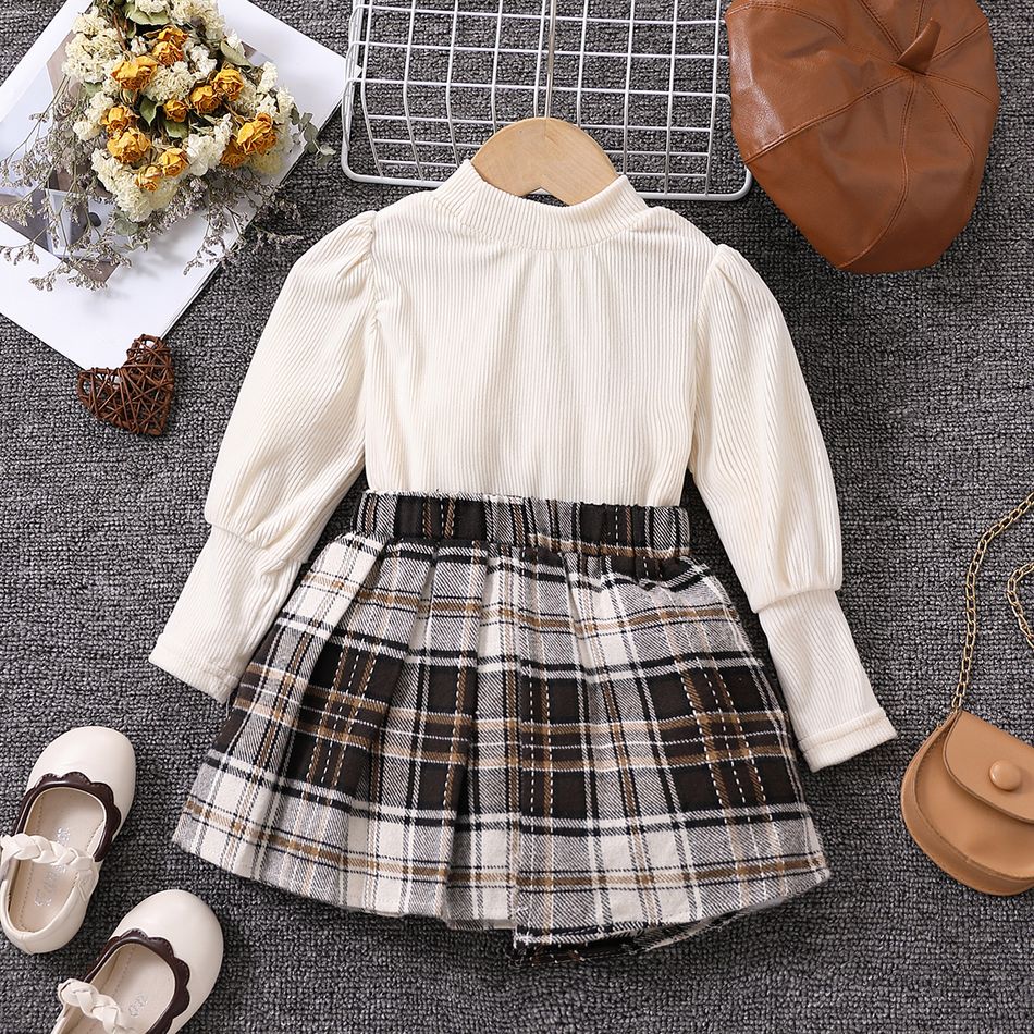 2pcs Toddler Girl Trendy Long Puff-sleeve Mock Neck Tee and Plaid Irregular Skirt Set Beige big image 2