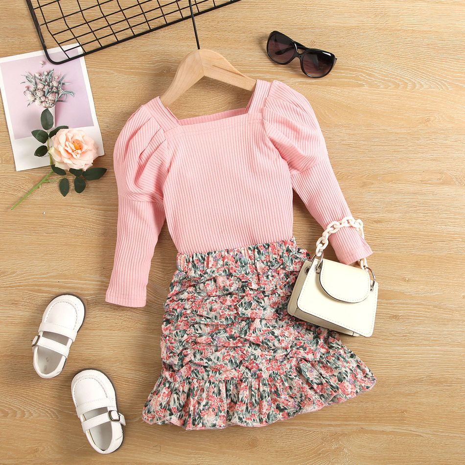 2pcs Toddler Girl Sweet Long Puff-sleeve Ribbed Tee and Floral Print Ruffle Skirt Set Pink