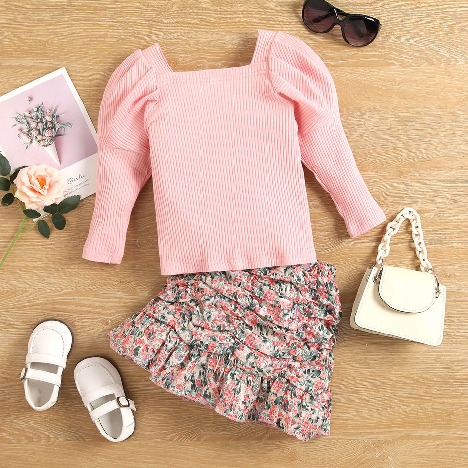 2pcs Toddler Girl Sweet Long Puff-sleeve Ribbed Tee and Floral Print Ruffle Skirt Set Pink big image 2