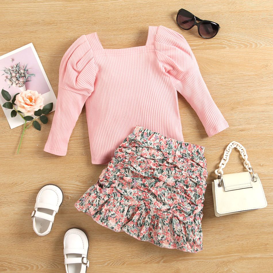 2pcs Toddler Girl Sweet Long Puff-sleeve Ribbed Tee and Floral Print Ruffle Skirt Set Pink big image 3
