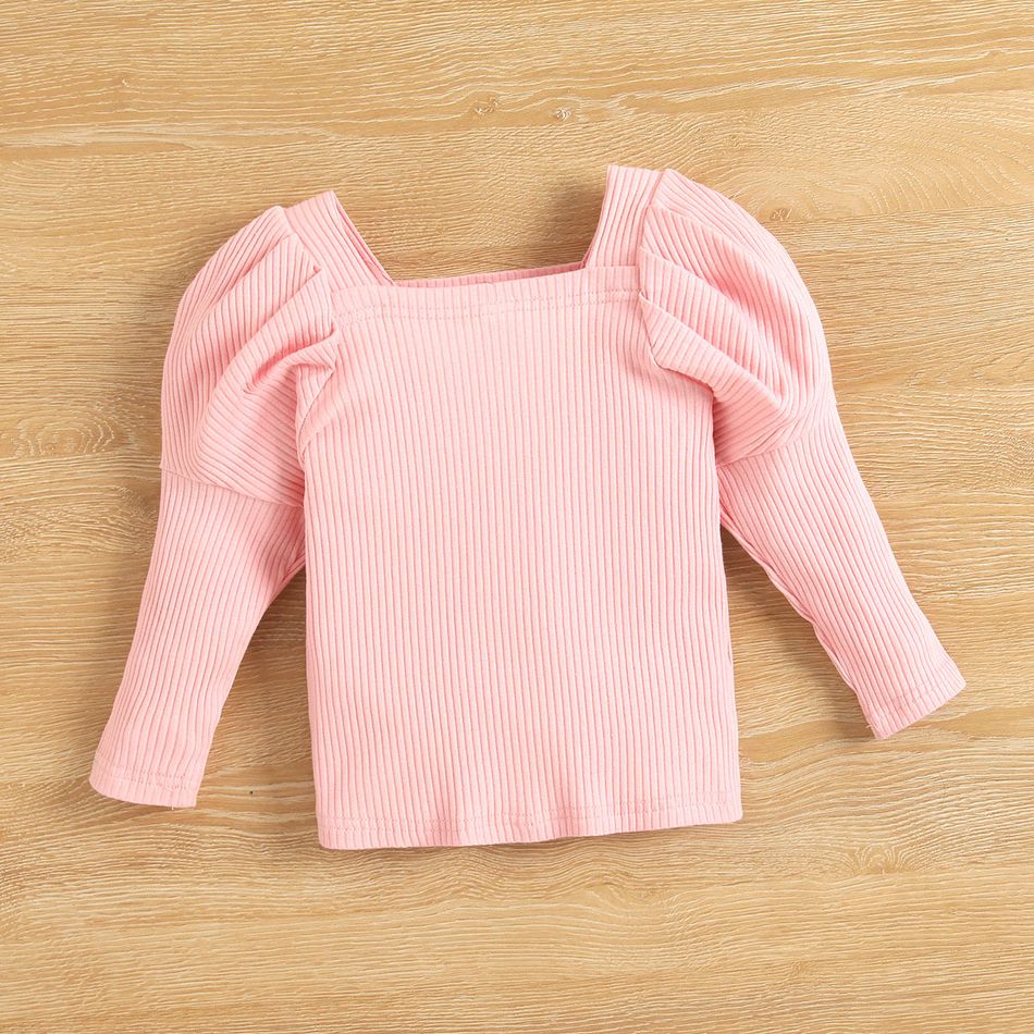 2pcs Toddler Girl Sweet Long Puff-sleeve Ribbed Tee and Floral Print Ruffle Skirt Set Pink big image 4