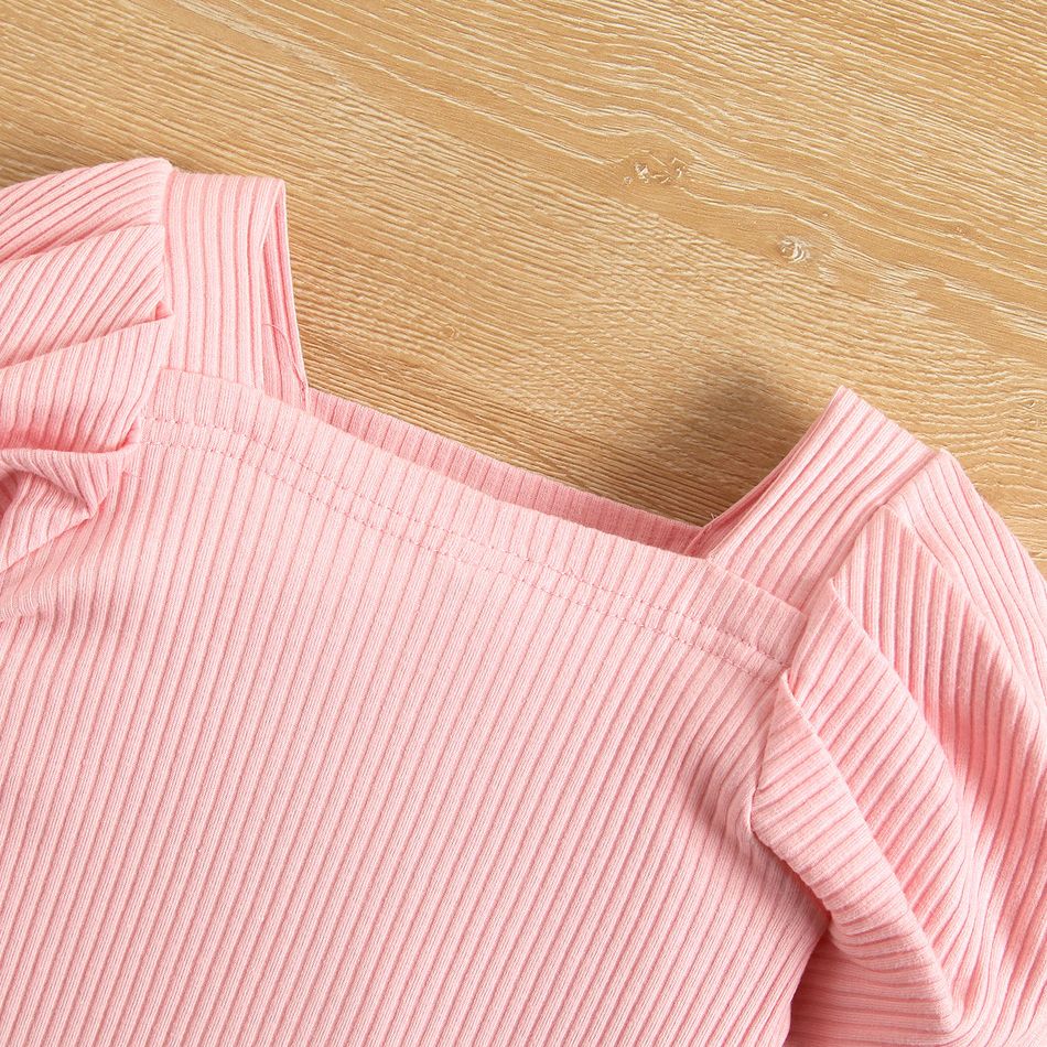 2pcs Toddler Girl Sweet Long Puff-sleeve Ribbed Tee and Floral Print Ruffle Skirt Set Pink big image 5