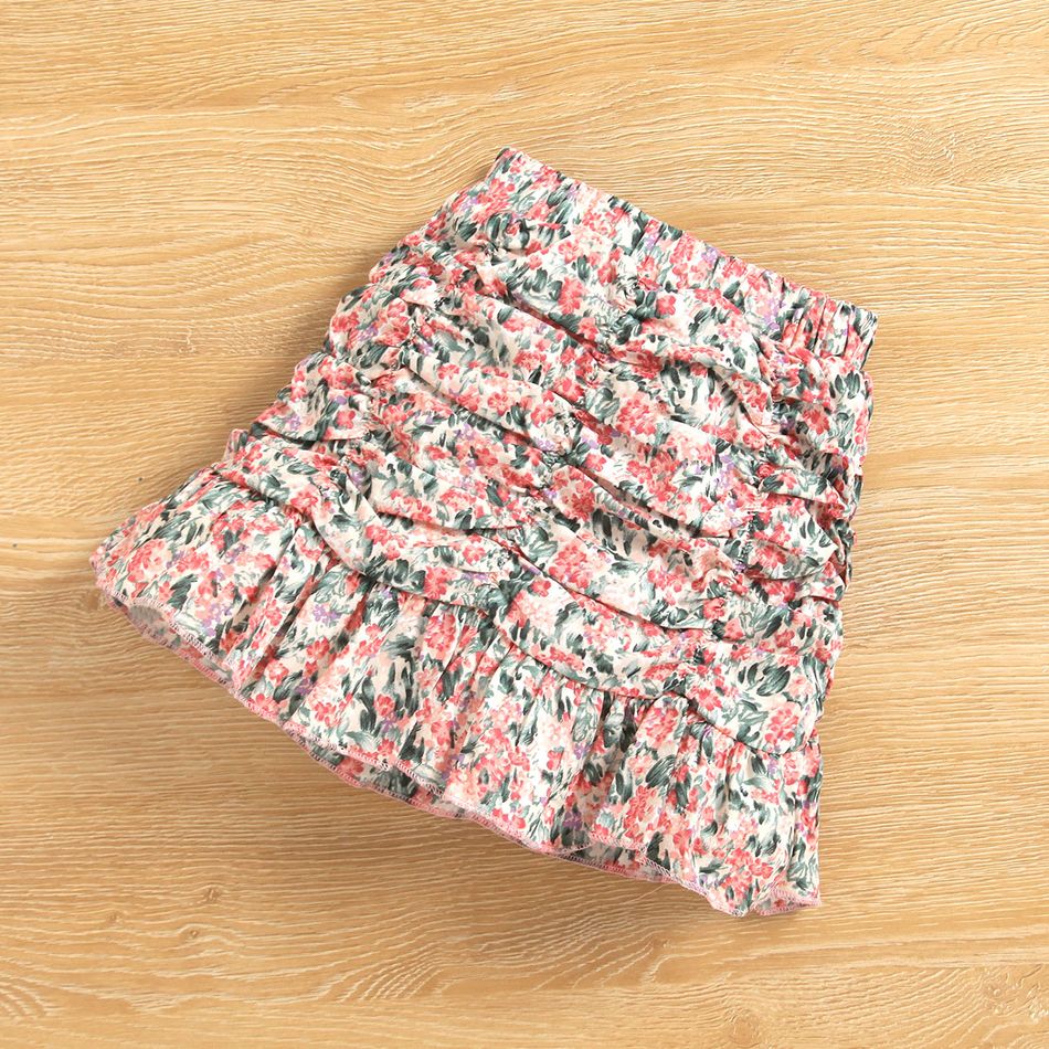 2pcs Toddler Girl Sweet Long Puff-sleeve Ribbed Tee and Floral Print Ruffle Skirt Set Pink big image 7