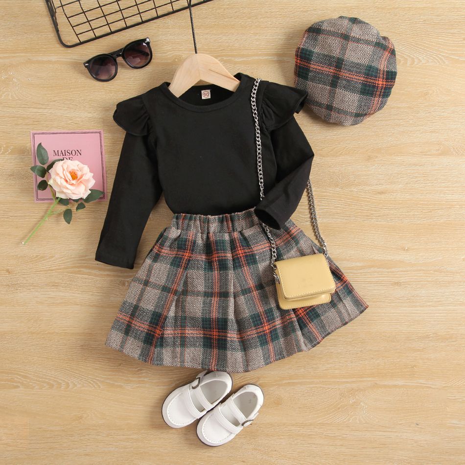 3pcs Toddler Girl Preppy style Plaid Beret & Ruffled Tee and Skirt Set Black