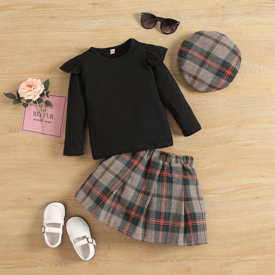 3pcs Toddler Girl Preppy style Plaid Beret & Ruffled Tee and Skirt Set Black big image 2
