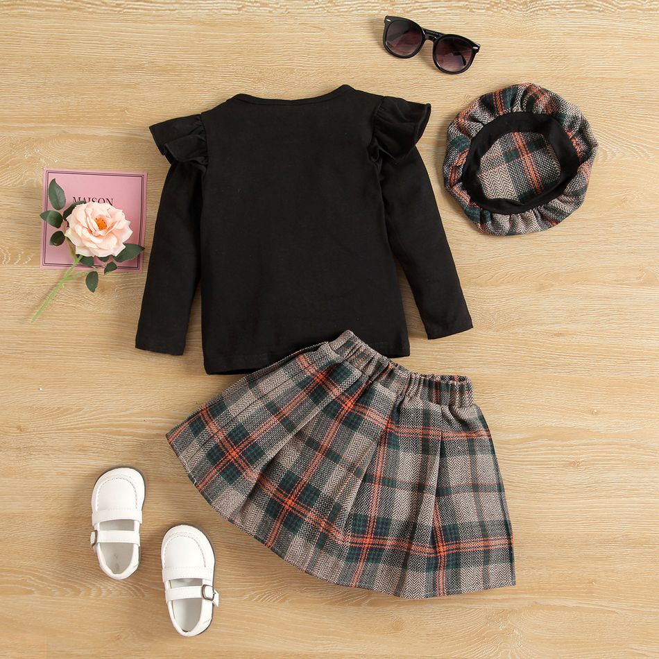 3pcs Toddler Girl Preppy style Plaid Beret & Ruffled Tee and Skirt Set Black big image 3
