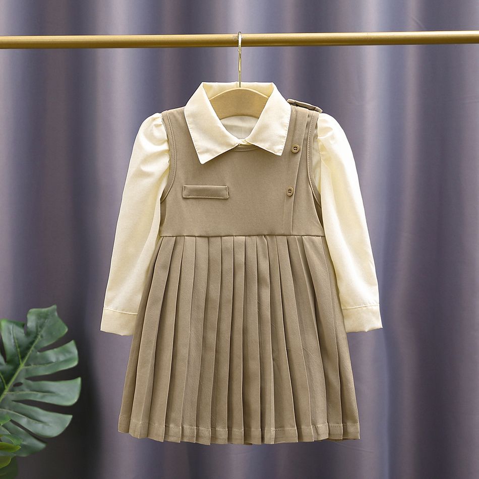 2pcs Toddler Girl Preppy style Lapel Collar Shirt and Button Design Pleated Sleeveless Dress Set Khaki big image 3