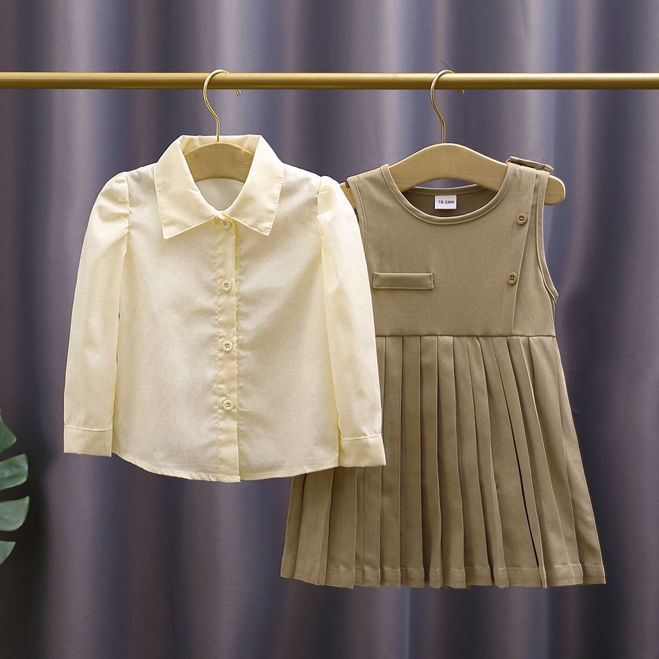2pcs Toddler Girl Preppy style Lapel Collar Shirt and Button Design Pleated Sleeveless Dress Set Khaki big image 2